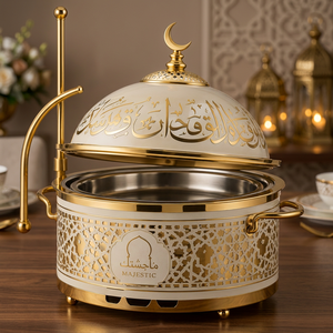 Calentador de Comida Tipo Buffet de Acero Inoxidable con Acabado en Oro Blanco de Lujo, Recipiente Redondo para Calentar Alimentos para Hoteles y Servicios de Catering - Product Image 3