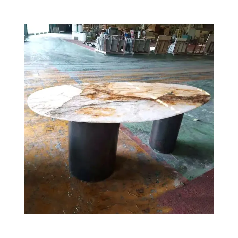 SHIHUI天然石家具ブラジルのパタゴニアモダンな大理石のトップダイニングテーブルセット2本足の豪華な大理石のダイニングテーブル