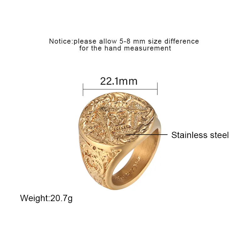 היפ וינטג '-פופ חרוטה טבעת סמל זהב מסוני ציפוי נירוסטה גברים טבעות רטרו טבעת אצבע גדולה