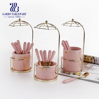 Promotion Couverts Fourchette Couteau Cuillère Ensemble 24pcs Marbre Design Luxe Céramique Poignée PVD Doré Royal Couverts Ensemble avec Support en Fer