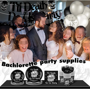Articles de fête pour Halloween et mariage 'Jusqu'à la mort nous séparera' : Assiettes en carton, gobelets, serviettes, fourchettes, nappes, drapeaux, bannières, guirlandes, ballons - Product Image 2