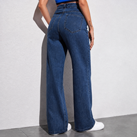Jean droit extensible taille haute pour femme grande taille, bleu foncé, résistant à la décoloration, respirant, coupe régulière, finition douce, boutons en denim