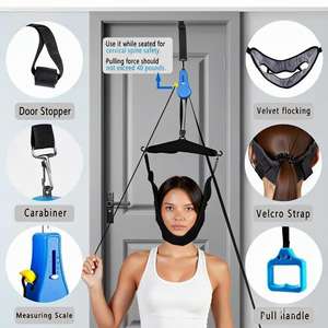 Dispositivo de tracción cervical para el hogar, cinturón de tracción manual montado en la puerta para alivio de la columna cervical, azul real - Product Image 1
