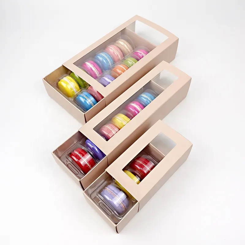 Custom dessert 3 6 12 macaron cookie slid drawer paper gift box packaging with clear window