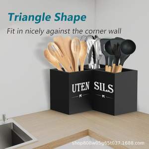 <b>Kitchen</b> Utensil Storage Box <b>Organizer</b> Wooden Cutlery Holder Black Solid Color Retro Design <b>For</b> <b>Kitchen</b> Counter Use - Product Image 3