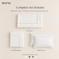 HONI Prix Abordable, 50% Coton / 50% Lin, Style Moderne, Ensemble Complet de Draps de Lit Brodés Écologiques pour Chambre à Coucher (Tailles Queen et King)