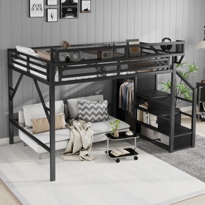 Black Metal Loft <b>Bed</b> Kids Bunk <b>Bed</b> Space Saving Raised <b>Bed</b> with <b>Side</b> <b>Rail</b> and Ladder for Bedroom - Product Image 5