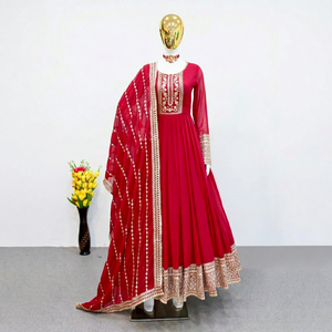 Robe Anarkali brodée rouge en tissu filet avec dupatta, tenue traditionnelle indienne et pakistanaise pour mariage et fêtes - Product Image 1