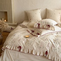 Parure de lit en coton et lin brodé de qualité supérieure, style drap à volants, linge de lit respirant pour la décoration moderne de la maison, parure de lit King Size