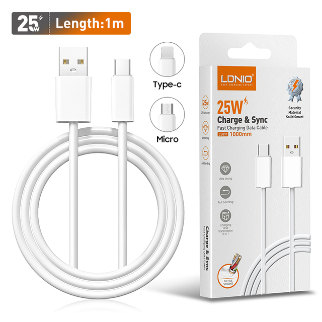 LDNIO LS891 25W PVC Multi Charger Fast Charging Usb Cable With Light Ning Type-C Micro-USB Connectors for Mobile Phones