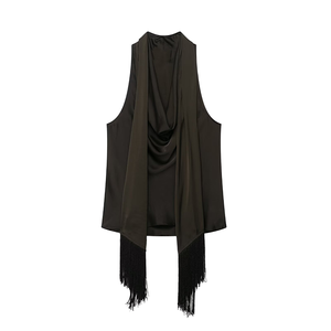 Vêtements pour femmes d'automne 2025 Nouvelle mode Satin court rétro Col halter Sans manches Décontracté Débardeur pour femmes - Product Image 1