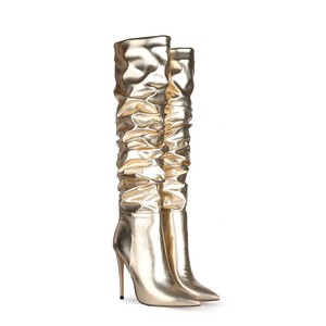 Oro Metallo di Disegno Superiore Delle Donne Sopra Il <span class=keywords><strong>Ginocchio</strong></span> di Alta Boot Coscia Alta Pile Up <span class=keywords><strong>Stivali</strong></span> per Le Donne Dello Stiletto Alti Talloni lunghi stivaletti - Product Image 4