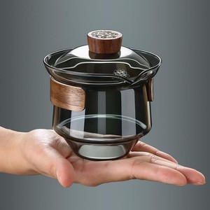 Gaiwan en verre gris fumé avec infuseur et couvercle en bois de noyer, ensemble de thé Kung Fu, bol individuel - Product Image 4