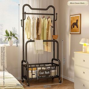 Porte-vêtements roulant en métal antirouille <span class=keywords><strong>pas</strong></span> <span class=keywords><strong>cher</strong></span> 360 °   Porte-manteau à double tringle sur roulettes silencieuses et verrouillables avec panier de rangement en maille et crochets latéraux - Product Image 5