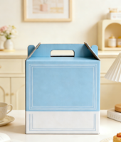 Dossier portable en carton bicolore bleu et blanc avec poignée intégrée, robuste et résistant, fabriqué au Vietnam à partir de matériaux recyclés, personnalisable