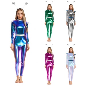 Costume Alien Femme, Combinaison Métallique Liquide, Manches Holo Brillantes, Bandeau Antenne, Tenue Futuriste pour Rave et Spectacles Scéniques, Personnalisable - Product Image 1