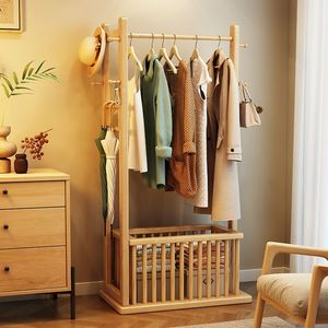 Perchero de madera maciza con cesta de almacenamiento, 60x40x170cm, diseño moderno y sencillo para dormitorio o entrada - Product Image 1