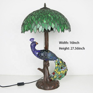 LongHuiJing 16Inch Green Leaf Stained Glass Tiffany Style Desk <b>Lamp</b> with Dome Shade AC Powered Resin Peacock Tree <b>Base</b> - Product Image 2