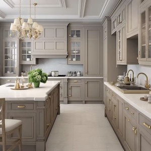 BALOM Armoire de cuisine grise de luxe française personnalisée Style néoclassique Armoire personnalisée avec plan de travail en marbre et <span class=keywords><strong>quincaillerie</strong></span> en laiton - Product Image 3