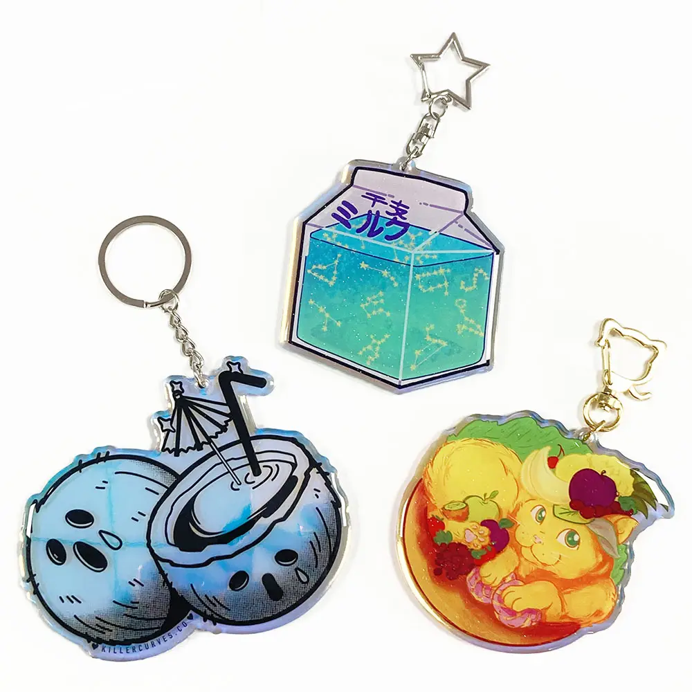 Custom large glitter epoxy acrylic charms iridescent plastic keychains with rainbow hologram