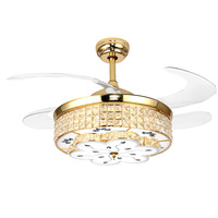 Ventilateur de plafond intégré de style européen en cristal, avec éclairage à fréquence variable, lustre doré LED, télécommande, en fer, intensité réglable, pour salon