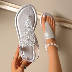 Women Glitter Thong Flat <b>Sandals</b> <b>Elastic</b> Ankle Strap Summer Beach Party Flip Flop Style Ladies <b>Sandals</b> - Product Image 6