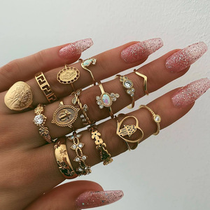Juego <span class=keywords><strong>de</strong></span> Anillos Retro con Cruz, Moneda Dorada y Circonita Cúbica para Mujer, Anillos Apilables y Geométricos en Plata/Dorado - Product Image 1