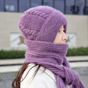 Ensemble deux pièces pour <span class=keywords><strong>femme</strong></span>, écharpe à capuche, protection des oreilles, bonnet en laine <span class=keywords><strong>tricot</strong></span>ée chaude pour adultes et enfants, écharpe épaisse en polaire, protection contre le froid - Product Image 3