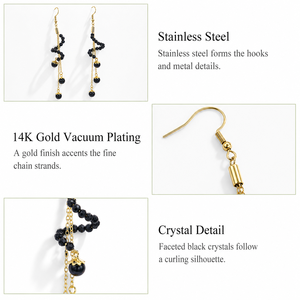 Boucles d'oreilles pendantes en spirale de cristal noir avec pampilles, en acier inoxydable plaqué or 14 carats sous vide, avec chaîne à hameçon - Product Image 3
