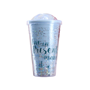 Creative NIS Double Layer Star Plastic Cup With Sliding Lid Glitter Straw Party Drinkware 2 Piece Set - Product Image 2