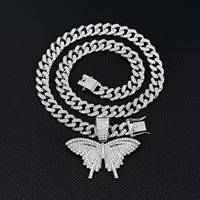 Collar de Cadena Cubana con Colgante de Mariposa de Aleación de Zinc con Diamantes, Oro y Plata, 124g, para Hombres y Mujeres, Joyería Hip Hop, Regalo
