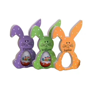 Handmade Easter Wooden Bunny Kinder Egg Holder Happy Easter Rabbit and Egg Ornament for Home Decor Boxed Set