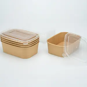 Fabbrica personalizzata porta via pranzo cibo 880ml carta insalata Kraft ciotola monouso con coperchio rettangolare contenitore ciotole