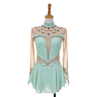 Robe de patinage vert menthe à col montant, manches longues en maille nude et strass pour enfants et adultes, idéale pour la compétition et les spectacles