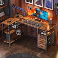 Bureau d'angle en forme de L avec prises électriques et 3 tiroirs pour le gaming, le travail en coin, le bureau à domicile