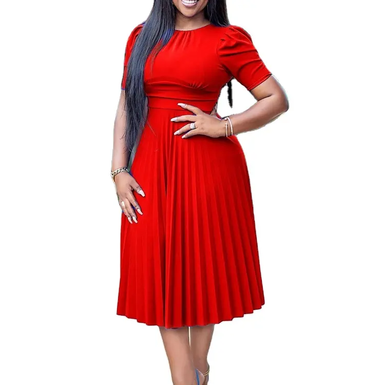 New Arrivals Ladies Elegant African Office Ladies Wear Formal Short Sleeves Plus Size A-Line Pleated Dress For Women