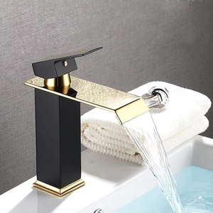 Grifo de Lavabo Monomando de Lujo Moderno, Mezclador de Lavabo de Acero Inoxidable Negro y Dorado, <span class=keywords><strong>Grifos</strong></span> de Baño con Efecto Cascada - Product Image 2