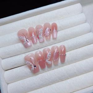 Uñas Postizas Hechas a Mano con Fototerapia, Modelo <span class=keywords><strong>Alice</strong></span> Blush Cat Eye, Pintadas a Mano con Perlas y Mariposas Mágicas - Product Image 1