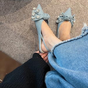 Nouvelles sandales plates pour femmes avec nœud papillon et cristaux, en tissu jean, sandales sans talon pour femmes et jeunes filles, chaussures plates, fabrication OEM - Product Image 6