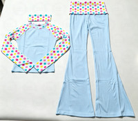 Set Pakaian Olahraga Wanita 3 Potong Motif Polkadot, Atasan Lengan Panjang, Legging Model Flare, Bando Senada, Santai untuk Gym dan Bersantai
