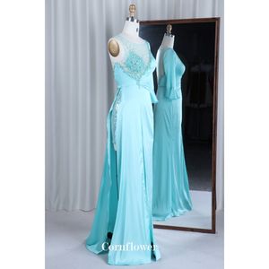 Une épaule Satin Broderie De Luxe Cristal Turquoise Bleu Aline Moderne Dos Nu Robe De Soirée Col Haut Arabe Longueur Au Sol - Product Image 2