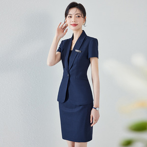 Women's Short Sleeve Suit Set Slim Fit Formal Uniform For Office <b>Work</b> Summer Wear Notched Collar Anti-Wrinkle Wool Blend - Product Image 3