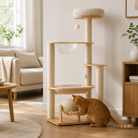 Arbre à chat en bois de chêne W4 132cm, tour à chat multi-niveaux avec boule de sisal rotative, hamac en toile, gamelle en acrylique, nid en peluche et sisal pour chats