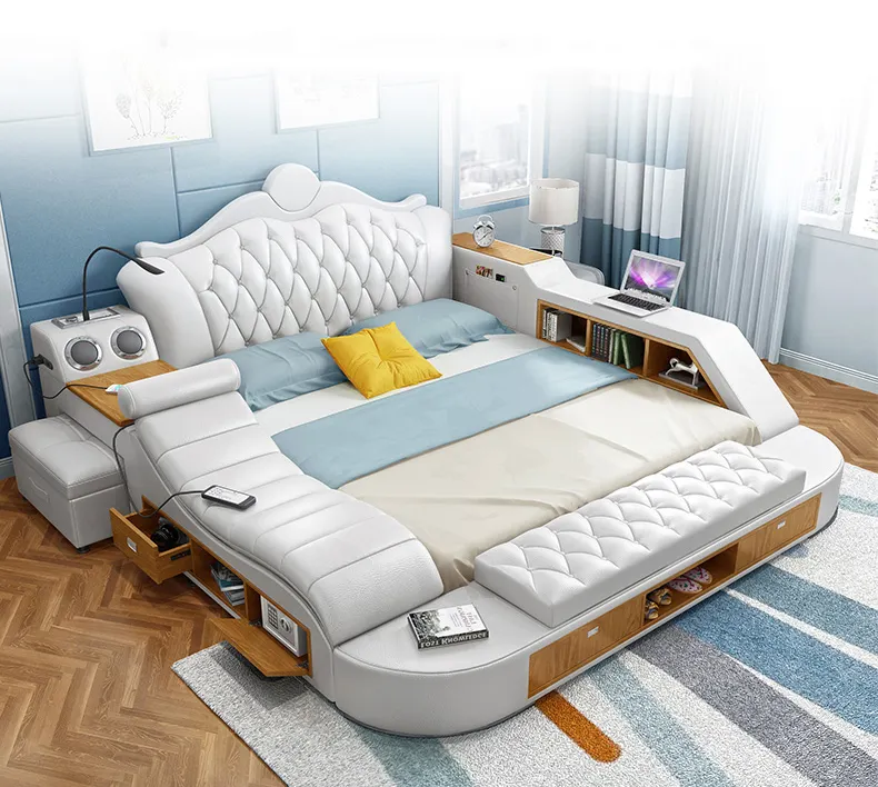 Giường đa chức năng cao cấp với ghế massage, giá lưu trữ và an toàn với giường ngủ có thể điều chỉnh chiều cao giường
