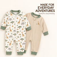 Maßgefertigter Niedlicher Baby-Body 100% Baumwolle Cartoon-Druck Gerippter Kragen Weich Unisex ODM Großhandel Langarm-Strampler mit Zwei-Wege-Reißverschluss