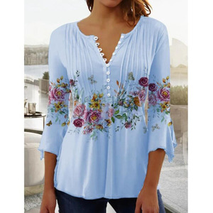 Damesblouse Lichtblauw Wit Roze Bloemenprint met knopen 3/4 mouw Casual Vakantie Basic V-hals Damesblouses - Product Image 4