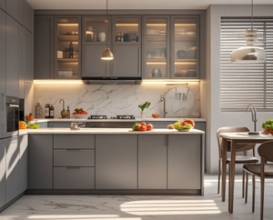 Armoires de cuisine modulaires de luxe sur mesure en MDF gris pour les constructions d'appartements standard - Product Image 5