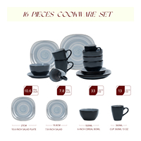 Service de table en grès de 16 pièces, assiettes carrées, bols, tasses, artisanal, glaçure réactive bleue à motif tourbillonnant, extérieur noir mat avec effet rayé