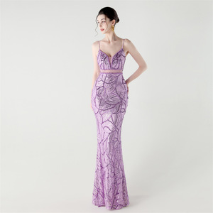 Nuovo Stile 2025 Abito da Sera a Sirena per Red Carpet 33373 #   Abito da festa in chiffon lungo fino al pavimento con paillettes, schiena in rete trasparente e spalline incrociate. - Product Image 1