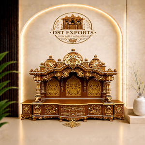 Mandir de Pooja de Madera de Gran Tamaño con Acabado Dorado Antiguo, Templo de Pooja Tradicional de Madera de Teca Tallada a Mano con Santuario Interior, EE. UU. - Product Image 1